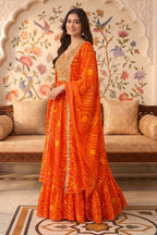 Orange Georgette Fabric Neck Embroidered & Bandhani Printed Anarkali KurtI