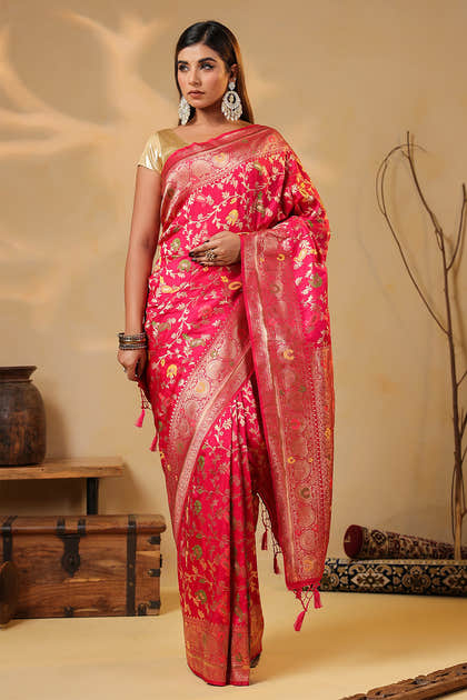 Cherry Red Colour Silk Zari & Resham Woven Saree
