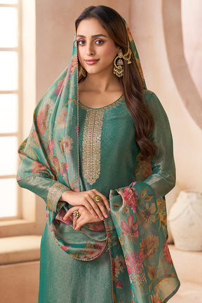 Sea Green Metallic Tissue Zari Woven Unstitched Suit Material