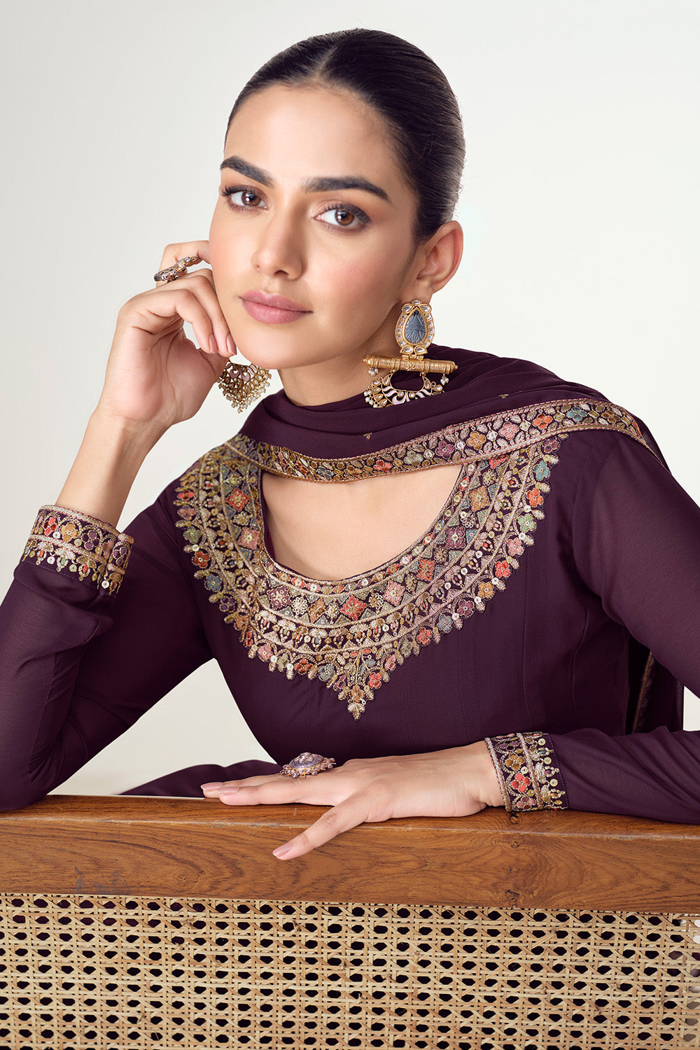 Dark Scarlet Color Georgette Embroidered Anarkali Kurti With Dupatta