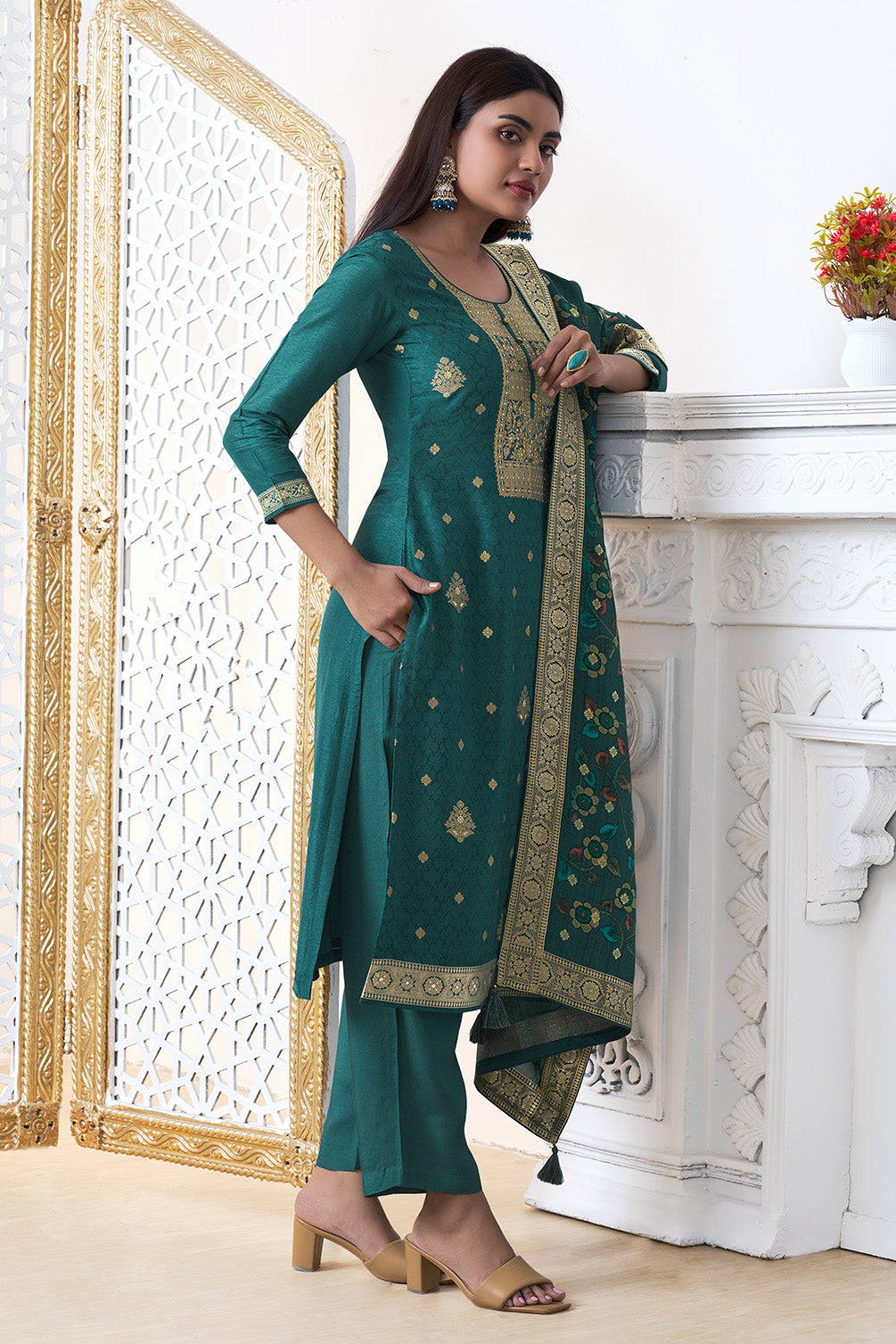 Teal Silk Zari Woven Suit Set