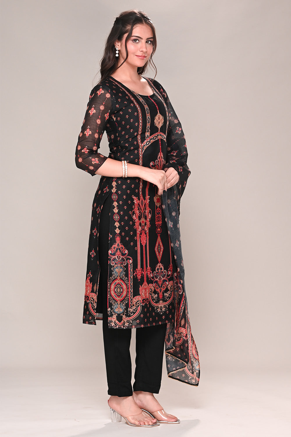 Black Chanderi Silk Printed Straight Suit