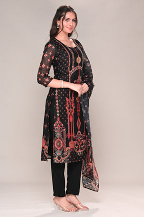 Black Chanderi Silk Printed Straight Suit