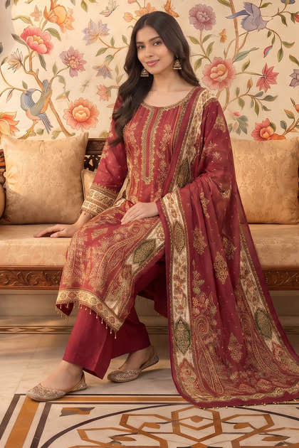 Maroon Crepe Silk Printed And Handwork Suit