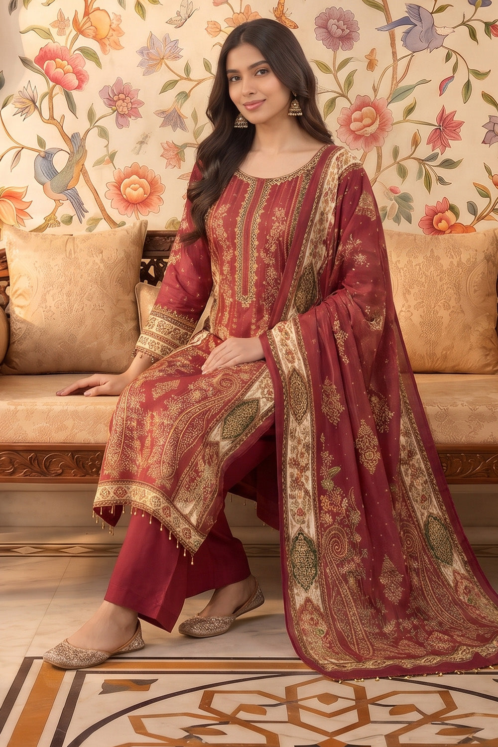 Maroon Crepe Silk Printed And Handwork Suit
