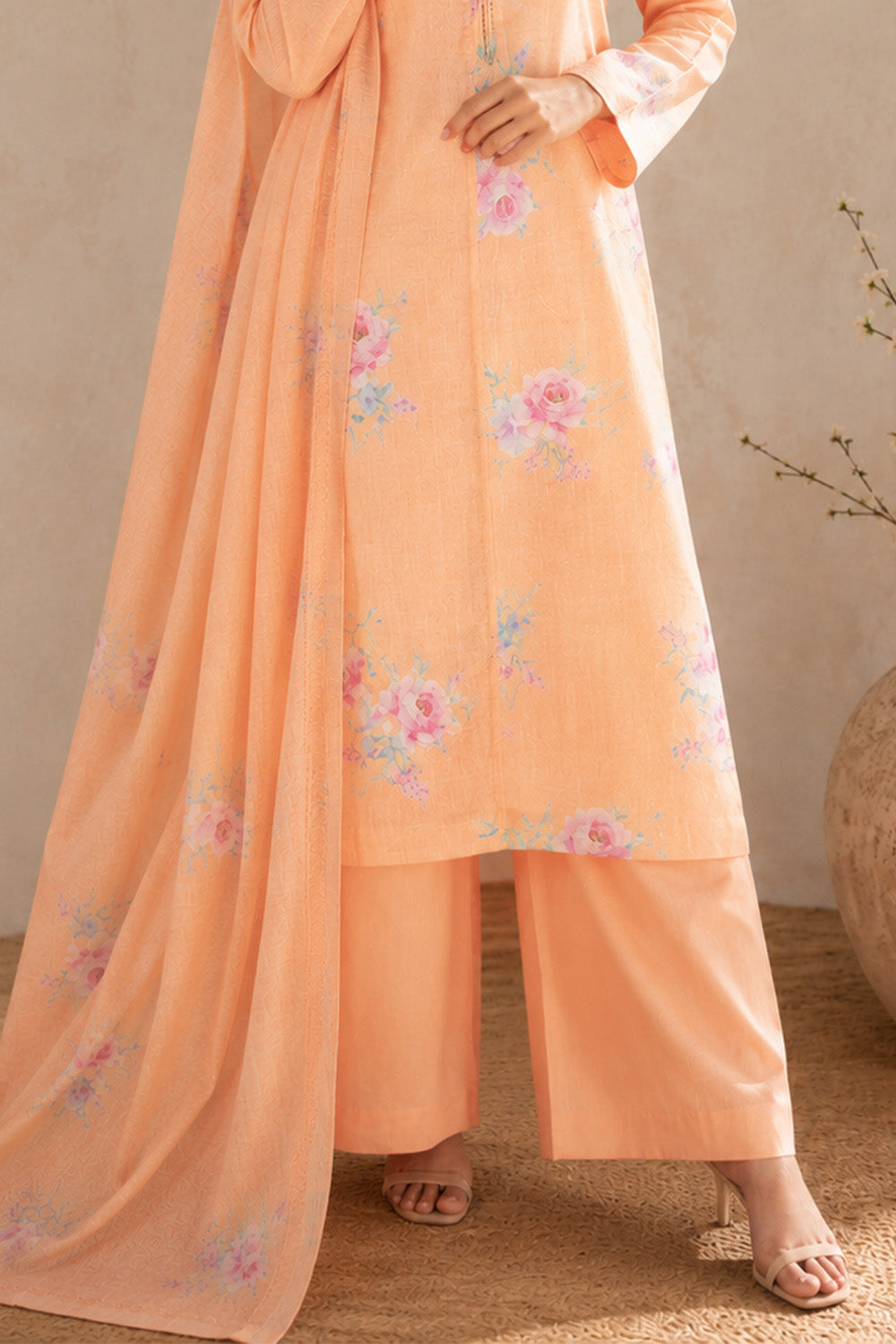 Peach Floral Printed Chanderi Suit With Palazzo