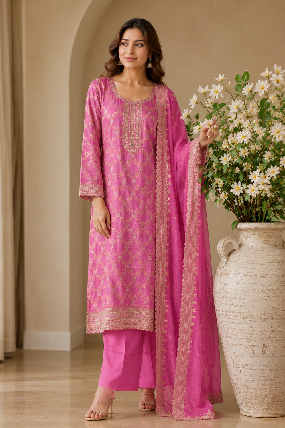Mauve Woven And Embroidered Silk Suit