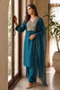 Teal Neck-Embroidered Silk Straight Suit