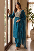Teal Neck-Embroidered Silk Straight Suit