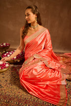 Peach Satin Banarasi Silk Woven Saree