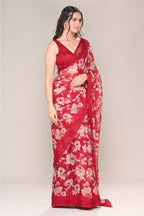 Maroon Color Floral Printed Chiffon Saree
