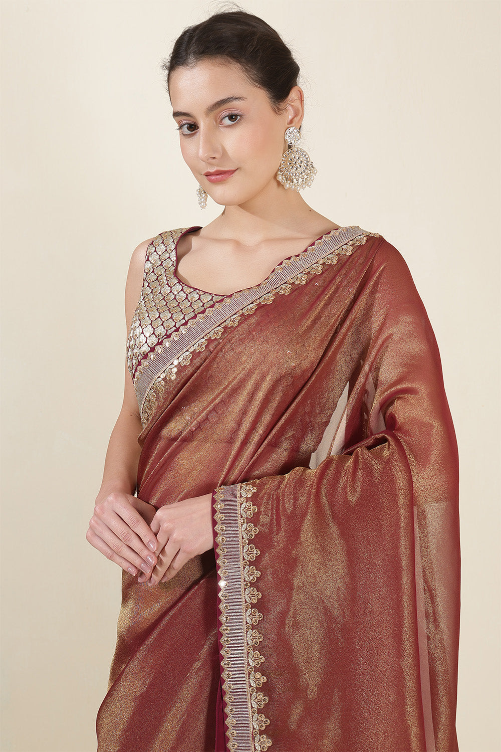 Wine & Golden Mantellic Tissue Embroidered Saree with Readymade Blouse