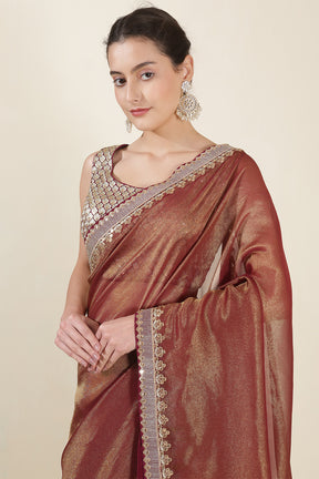 Wine & Golden Mantellic Tissue Embroidered Saree with Readymade Blouse