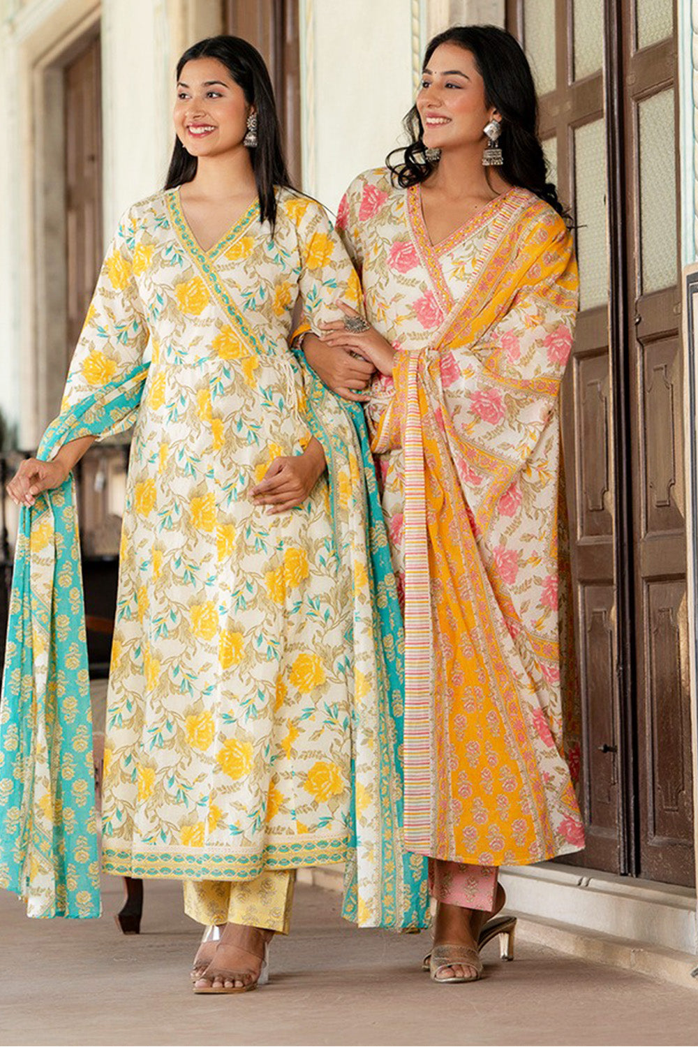 Cream & Mustard Color Floral Printed Cotton Anarkali Suit