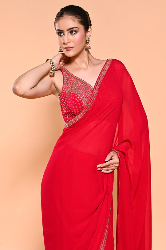 Red Color Georgette Saree With Readymade Blouse