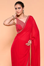 Red Color Georgette Saree With Readymade Blouse