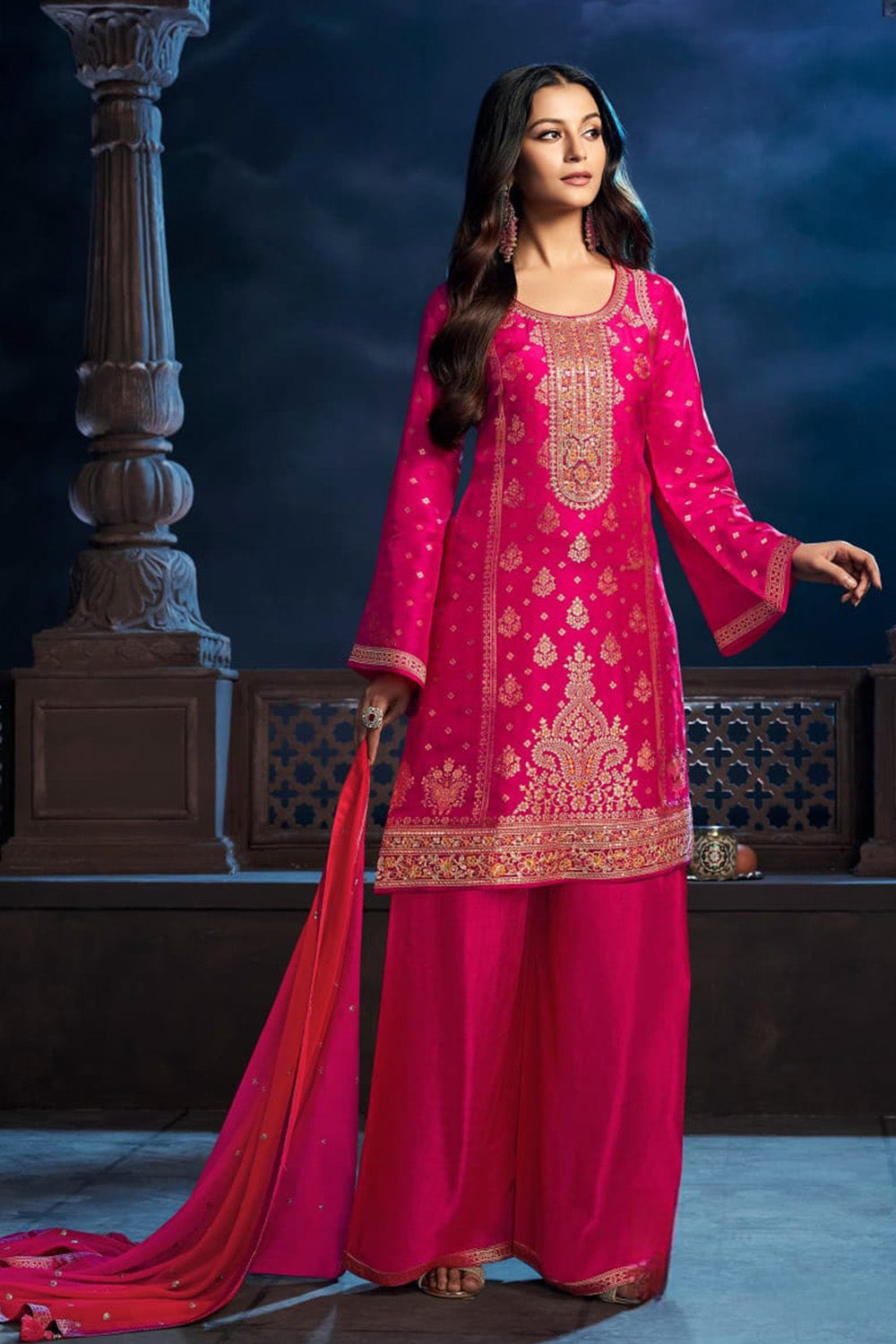 Hot Pink Silk Woven And Embroidered Suit With Palazzo