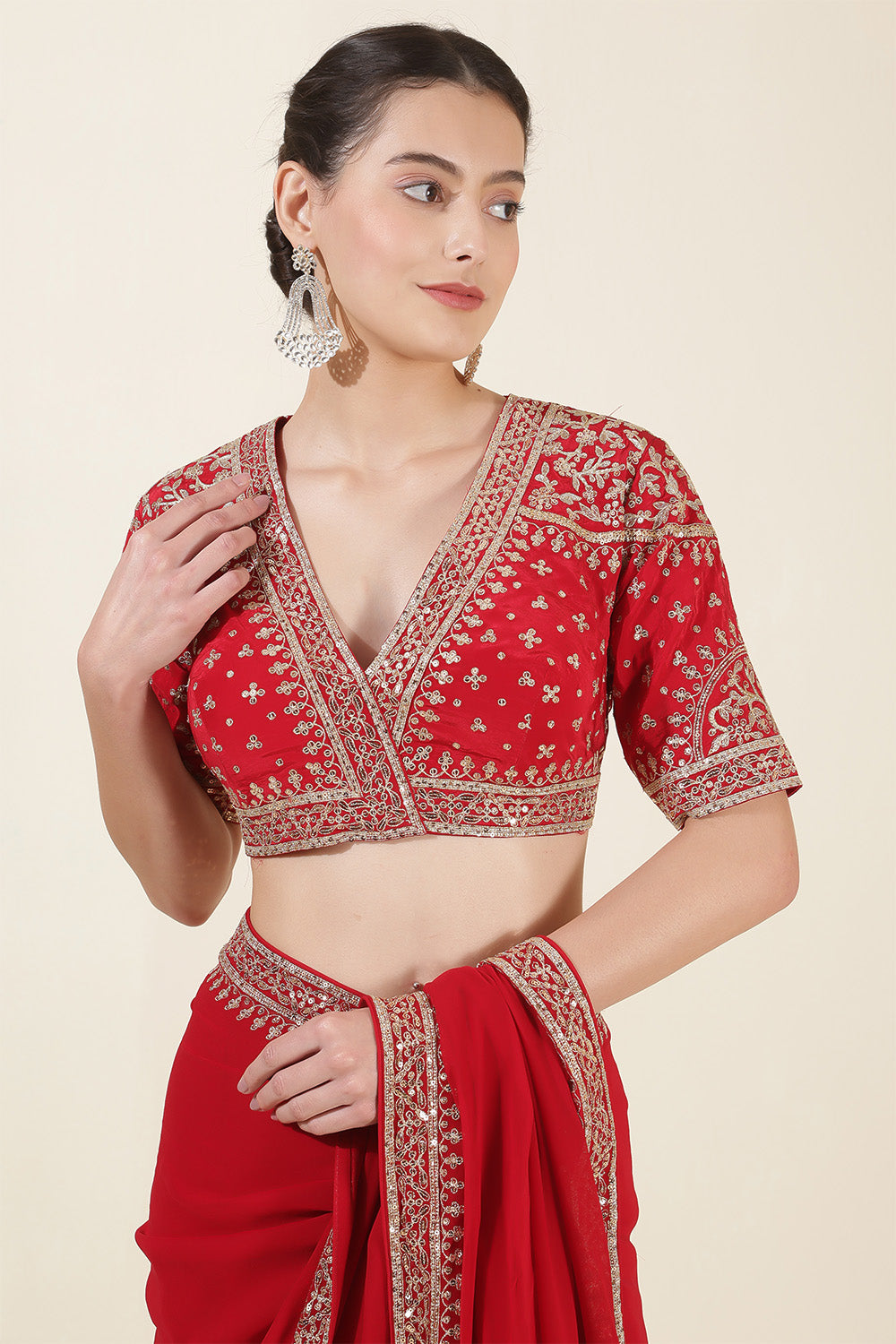 Red Colour Georgette Sequins And Zari Embroidered Saree With Readymade Blouse