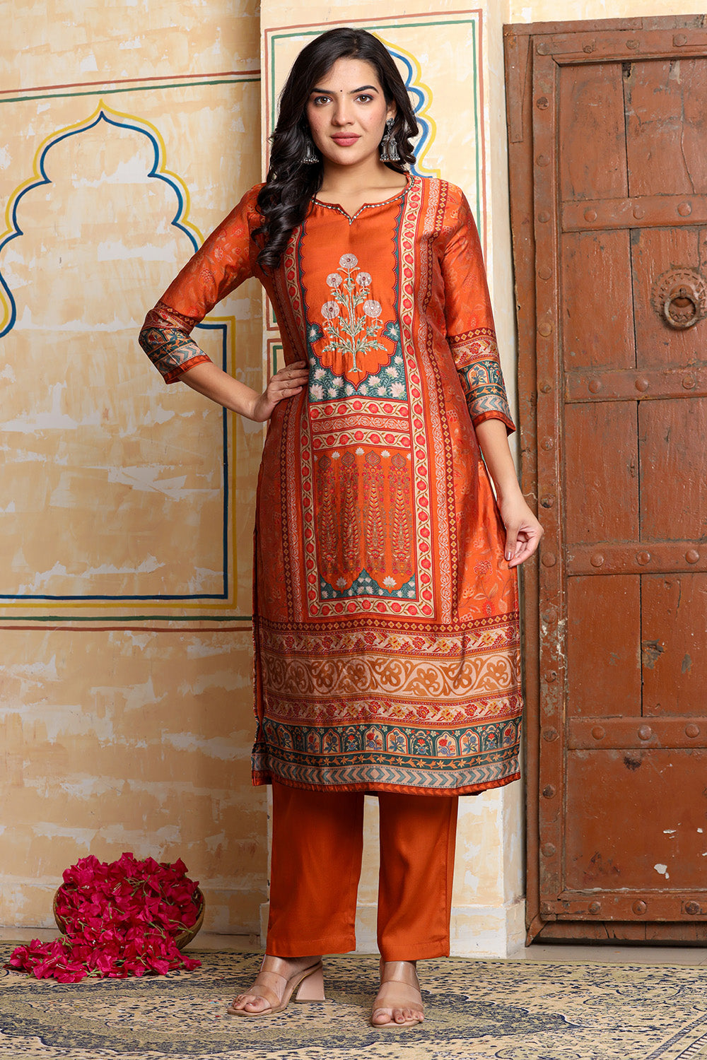 Rust Chanderi Silk Printed Straight Suit