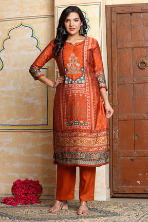 Rust Chanderi Silk Printed Straight Suit