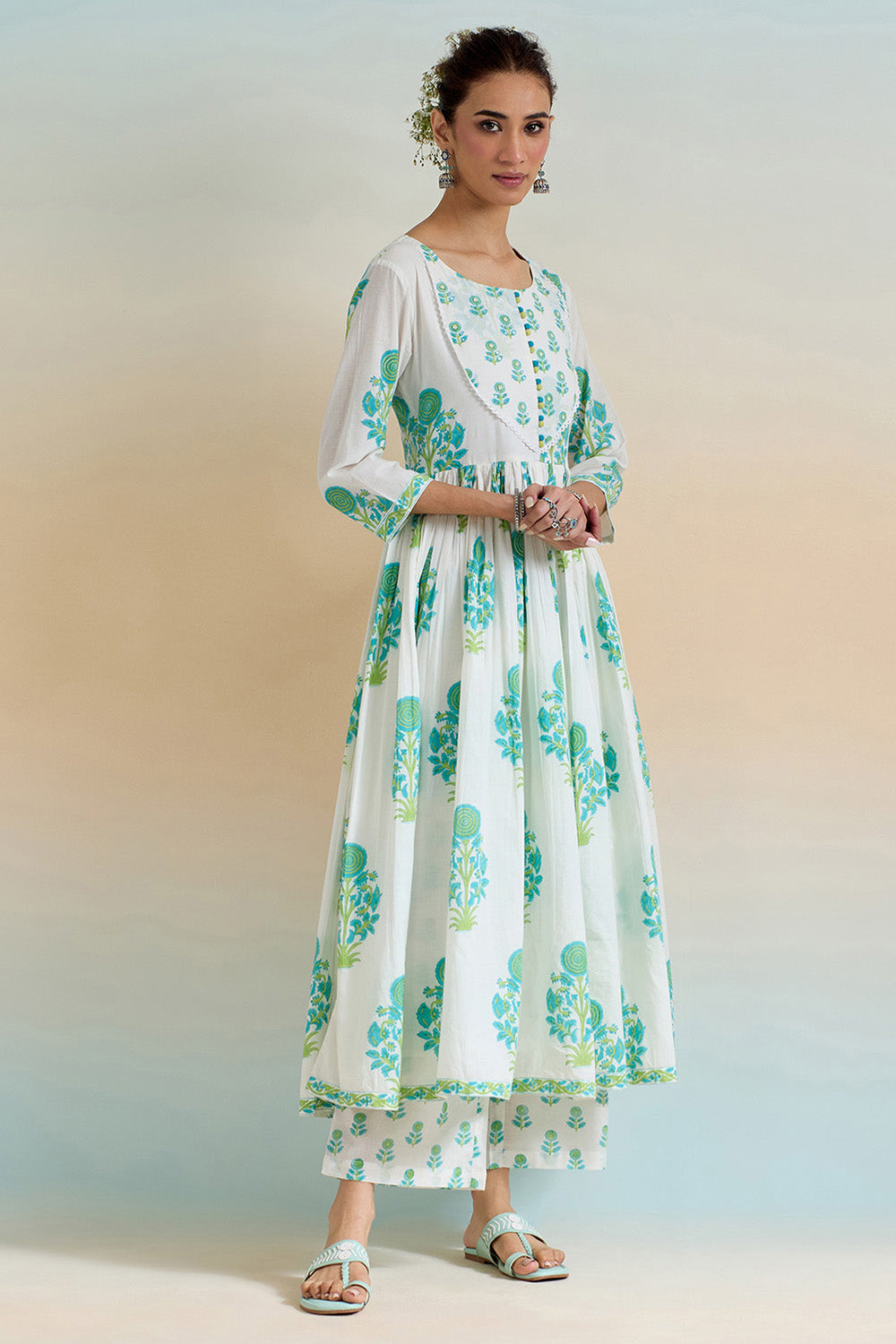 White & Green Color Cotton Printed  Anarkali Suit