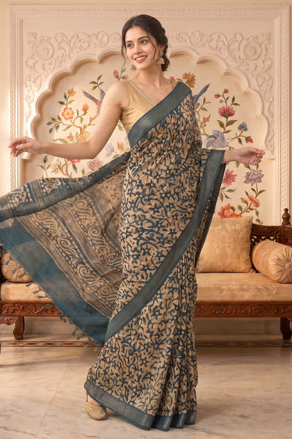 Teal And Beige Cotton Printed And Woven Border Saree