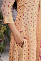 Cream Floral Printed & Zari Woven Silk Suit