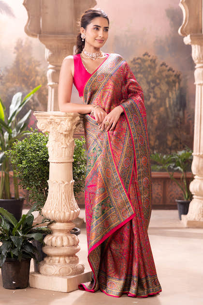 Magenta Pink Position Print Woven Silk Saree