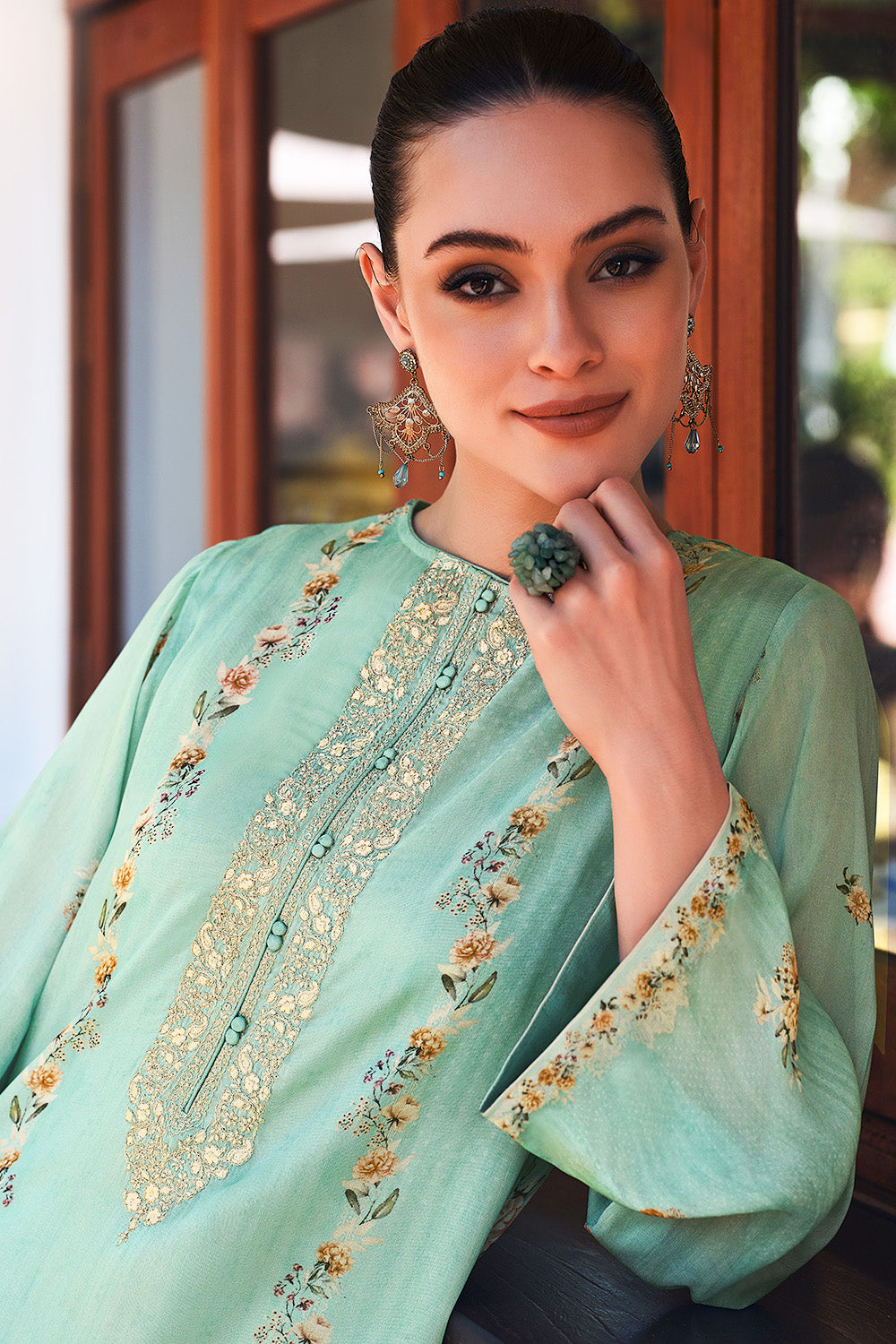 Sea Green Color Crepe Silk Printed Unstitched Suit Material