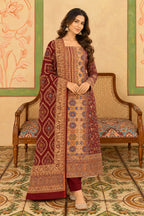 Maroon Resham Woven Pashmina Unstitched Suit Material