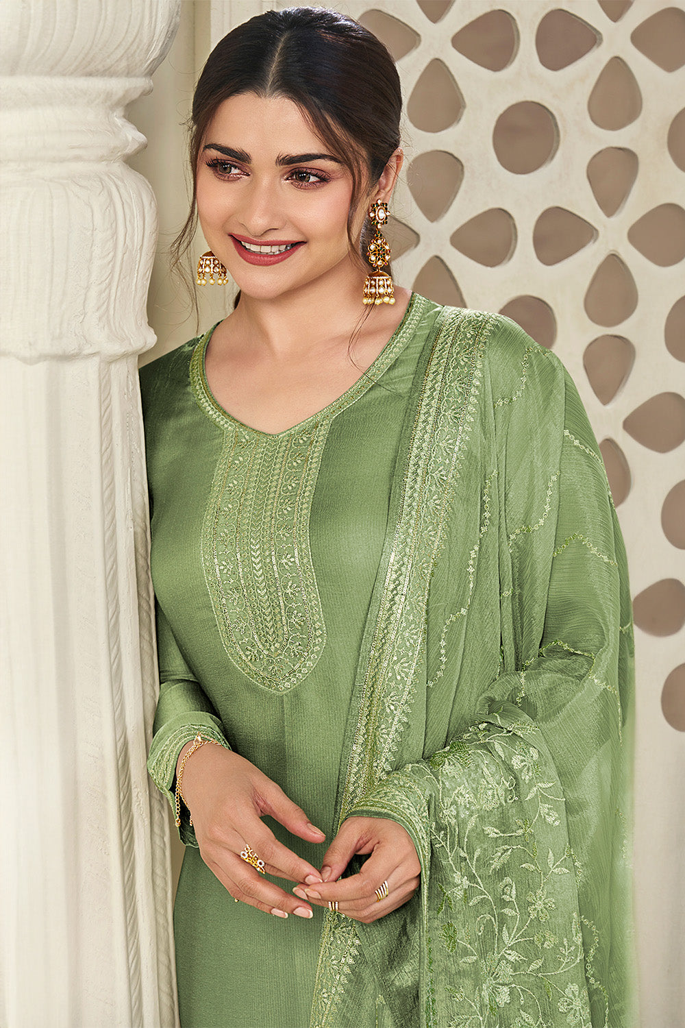 Green Color Chinon Resham Embroidered Unstitched Suit Material