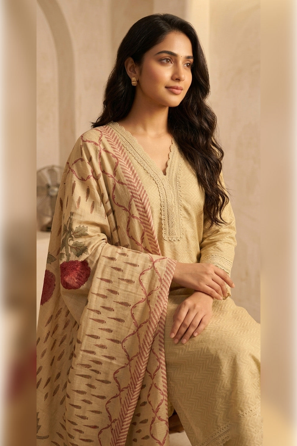 Beige Cotton Embroidered And Lace Work Suit Set