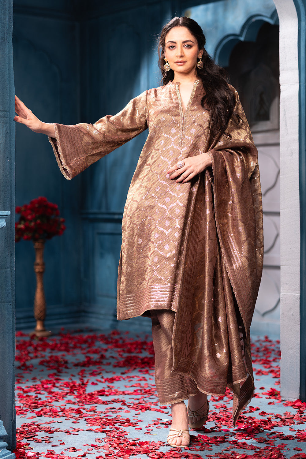 Brown Pure Matelic Tissue Sequins Embroidered Suit