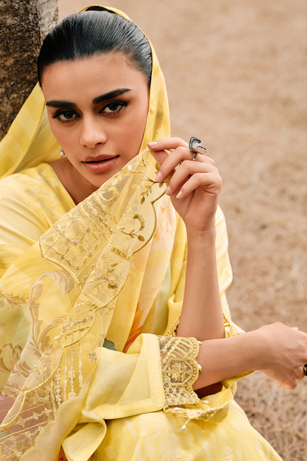 Yellow Color Muslin Cotton Resham Woven Unstitched Suit Material