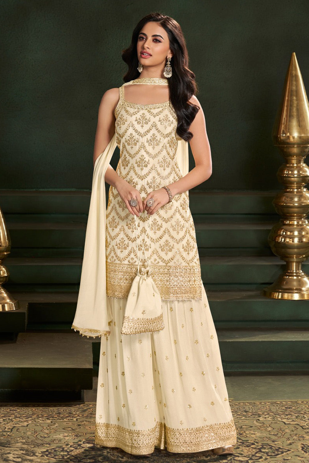 Cream Crepe Silk Zari And Sequins Embroidered Suit With Embroidered Gharara