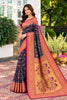 Navy Silk Printed And Woven Border Saree