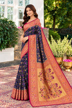 Navy Silk Printed And Woven Border Saree