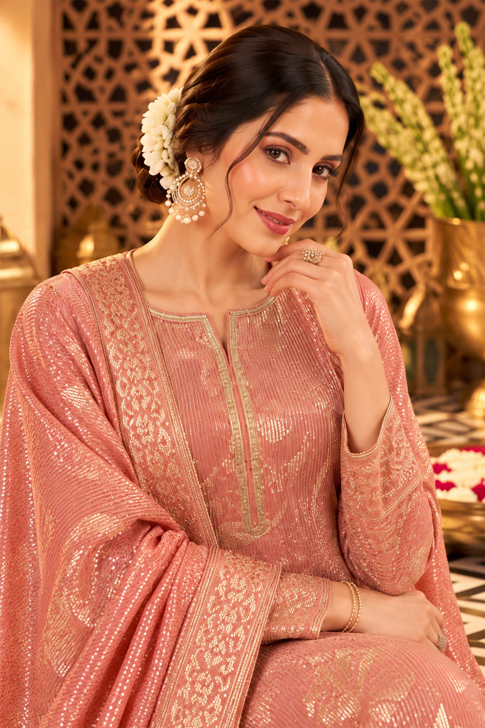 Pink Tissue Sequins Embroidered Unstitched Suit Material