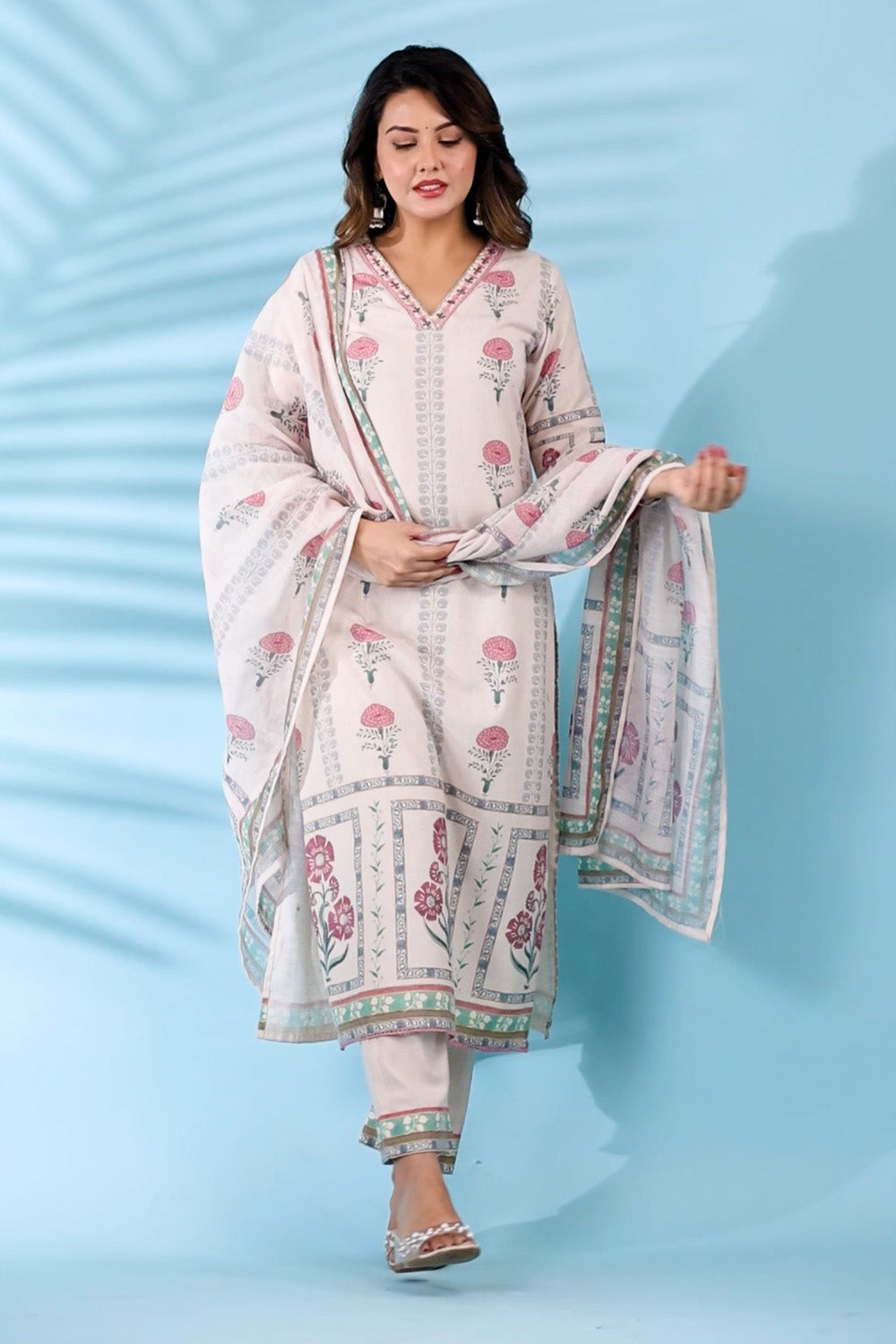 Cream Color Floral Printed Cotton Suit