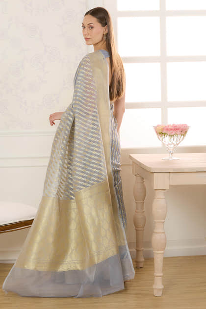 Grey Metalic Tissue Zari Woven Saree