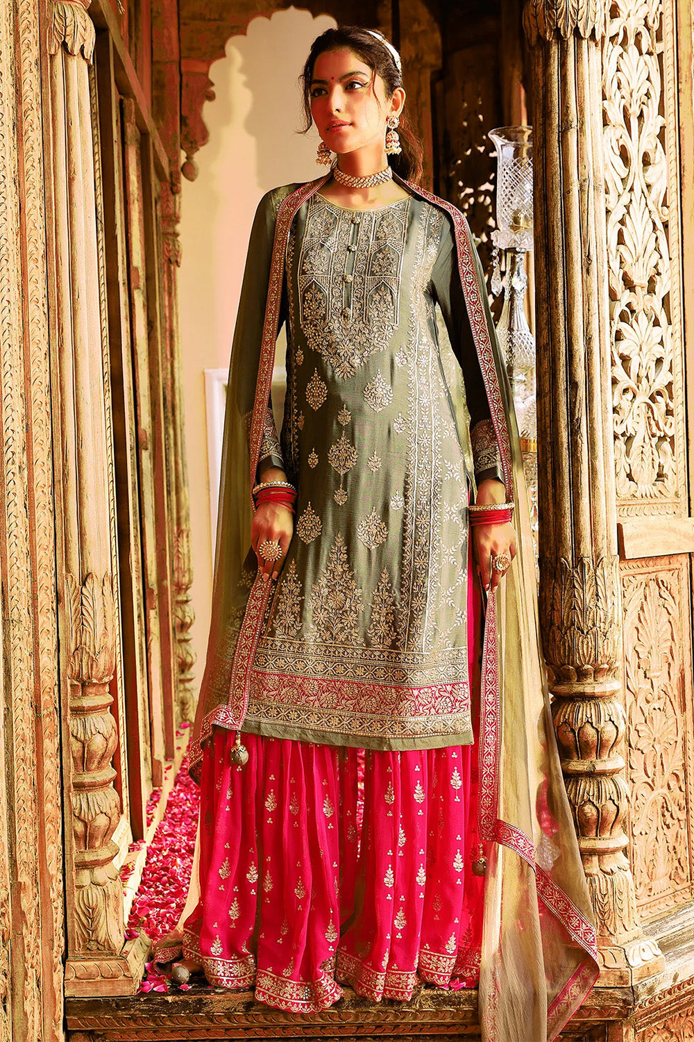 Olive Green Georgette Embroidered Suit with Gharara