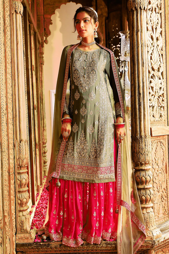 Olive Green Georgette Embroidered Suit with Gharara