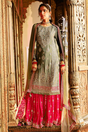 Olive Green Georgette Embroidered Suit with Gharara