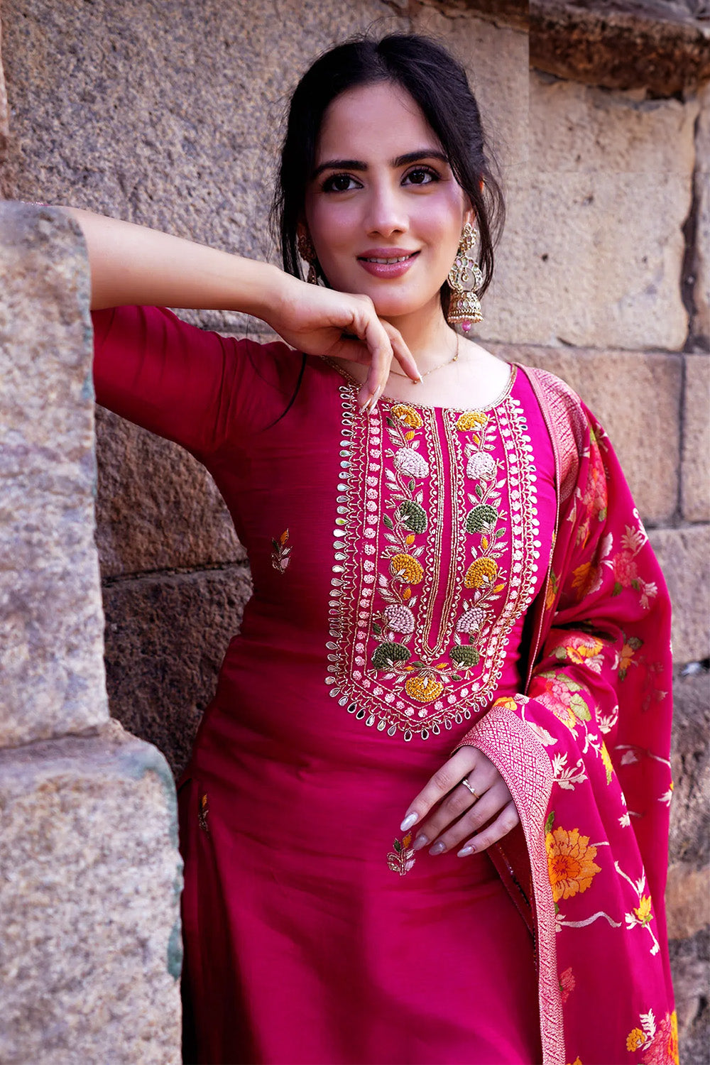 Fuchsia Pink Color Neck Embroidered Silk Straight Suit