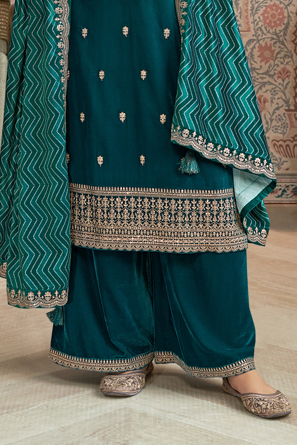 Teal Velvet Sequins and Zari Embroidered Unstitched Suit Fabric