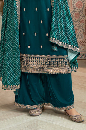 Teal Velvet Sequins and Zari Embroidered Unstitched Suit Fabric