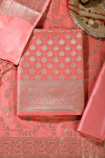 Peach Silk Zari Woven Unstitched Suit Fabric