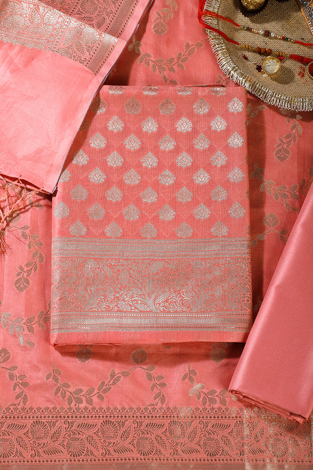 Peach Silk Zari Woven Unstitched Suit Fabric