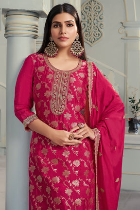 Magenta Color Georgette Zari Woven and Embroidered Unstitched Suit Material