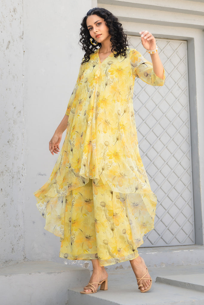 Yellow Chinone Floral Printed Kurta with Palazzo